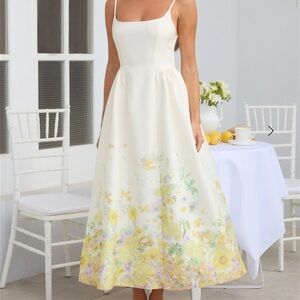Hello Molly Cream Midi Dress with Yellow Floral Border